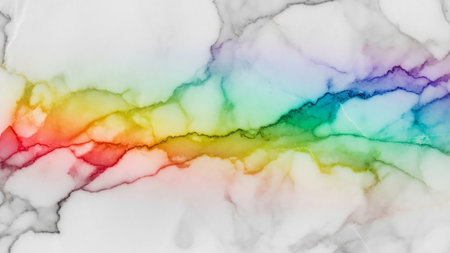 A white and gray marble texture is overlaid with a vibrant stripe of rainbow colors flowing organically through the stone pattern.の素材