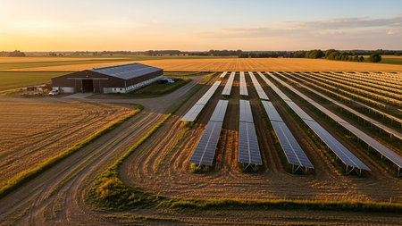 An aerial view shows a large solar panel array next to a barn and golden agricultural fields under a clear sky.の素材
