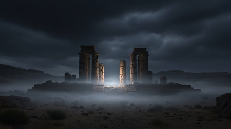 Ancient stone ruins are illuminated by an ethereal light beam, shrouded in fog and dark clouds, creating a mysterious and atmospheric scene.の素材