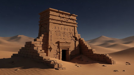 An ancient, weathered stone temple ruin with hieroglyphic carvings stands amidst desert sand dunes under a clear, starry night sky.の素材