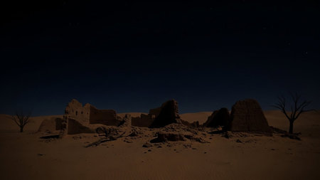 Ancient, crumbling desert ruins stand under a dark, starry night sky, with silhouetted dead trees on either side.の素材