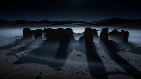 Ancient stone circle ruins emerge from a misty desert landscape at night, with dramatic light rays casting long shadows across the ground.の素材