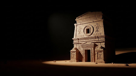 An ancient stone structure with detailed carvings and an entrance is dramatically lit by a spotlight in a dark desert setting.の素材