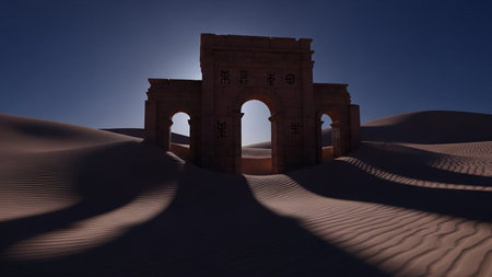 Bright showing ancient desert ruins silhouetted against a bright sun and deep blue sky keywords: ancient ruins, desert, sand dunes, architecture, archaeology, history, weathered stone,...の素材