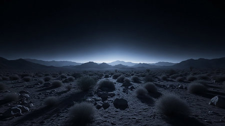 Hills showing arid desert landscape at night with distant mountain range and sparse vegetation keywords: desert, night, arid, dry, landscape, mountains, hills, vegetation, bushes, rocks,...の素材
