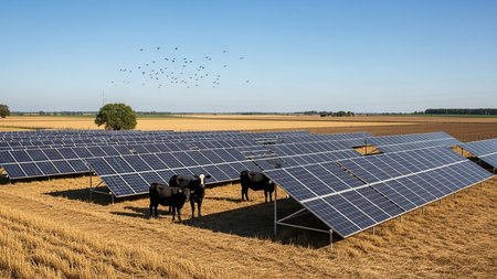 Clean showing black cows grazing in a field of dry grass next to a large solar panel farm under a clear blue sky keywords: solar panels, farm, cows, cattle, black, grazing, field, dry...の素材