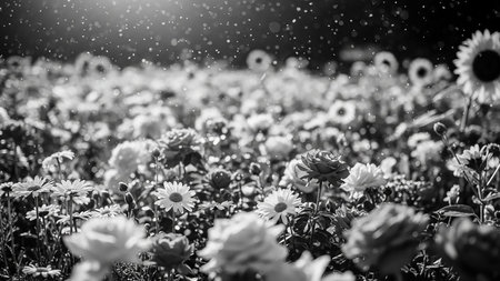 A black and white close-up of a vibrant flower garden with raindrops falling. Sunflowers and roses are visible in the soft-focus background.の素材