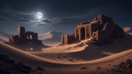 Ancient stone ruins stand amidst desert sand dunes under a full moon and a cloudy night sky.の素材