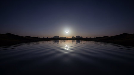 Calm water reflects a bright crescent moon and distant rock formations on the horizon during twilight.の素材