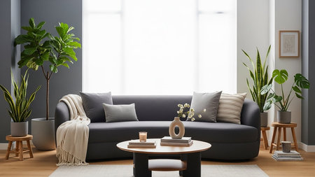 A contemporary living room features a dark grey sofa adorned with pillows and a throw, a round coffee table with decor, and several lush green potted plants.の素材