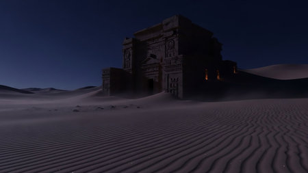 A weathered ancient stone monument rises from undulating sand dunes under a dark night sky, with faint lights visible within.の素材