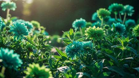 A close-up view of bright teal and green chrysanthemums in a garden, bathed in sunlight with a soft, blurred background.の素材