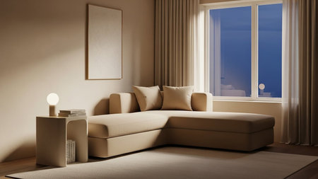 A contemporary living room with a beige sectional sofa, side table with a lamp and books, and a large window showing the sky at dusk.の素材