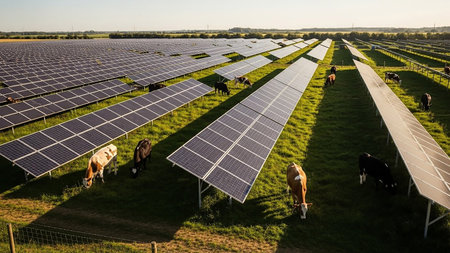 A wide aerial view of a solar farm with numerous rows of solar panels and several cows grazing in the green grass between them under a clear sky.の素材
