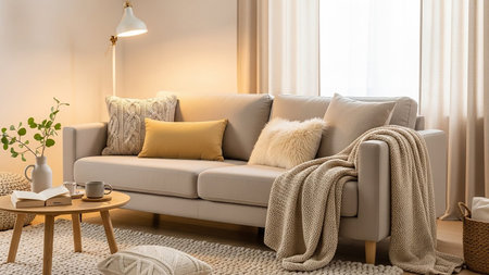 Neutral showing cozy living room with beige sofa, knitted blanket and warm lighting keywords: living room, interior, sofa, couch, blanket, knitted, cushions, pillows, coffee table, book,...の素材