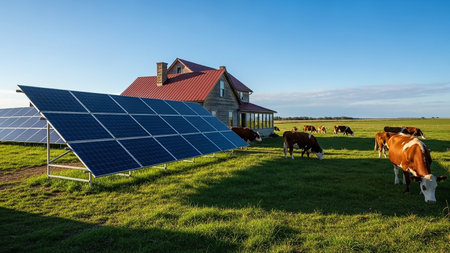 Cows graze peacefully in a grassy field with a rustic wooden house and a solar panel array in the foreground under a clear blue sky.の素材