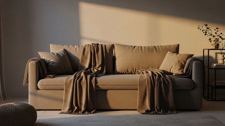 A comfortable beige sofa is adorned with draped brown blankets and pillows, bathed in warm evening sunlight.の素材