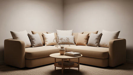 A warm beige L-shaped sofa is generously decorated with numerous pillows. A small wooden coffee table with a book and a vase sits in front of the couch on a textured rug.の素材