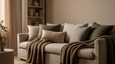 A cozy living room features a beige sofa with an assortment of plush pillows and a warm knitted throw blanket draped over it.の素材