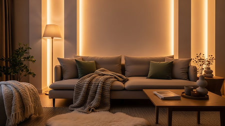 A cozy living room with a taupe sofa, green accent pillows, textured throws, and warm ambient lighting highlighting the walls.の素材