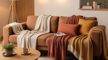 A cozy living room displays a brown sofa adorned with an assortment of colorful knitted throws and decorative pillows in warm tones.の素材