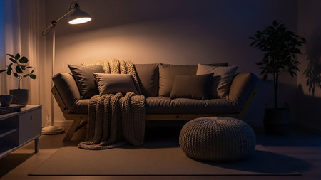 A cozy living room at night features a wooden-framed sofa with a knitted blanket, an ottoman, and a floor lamp providing warm ambient light.の素材