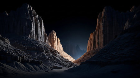 Towering rock formations in a canyon are dramatically lit by shafts of light, creating strong contrasts against the dark, shadowy background.の素材
