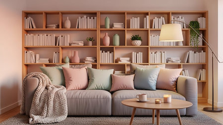 A cozy living room showcases a grey sectional sofa with colorful pillows and a knitted throw, a round coffee table, and a floor lamp.の素材