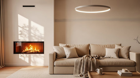 A cozy living room featuring a fireplace with burning logs, a comfortable sofa with blankets and pillows, and warm afternoon sunlight.の素材