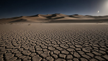 Cracked dry earth stretches across a vast desert landscape under a dark night sky illuminated by a crescent moon and distant stars.の素材