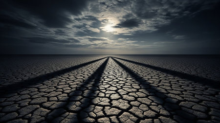 Cracked dry earth stretches to the horizon under a dramatic cloudy night sky with moonlight casting long shadows from tire tracks.の素材