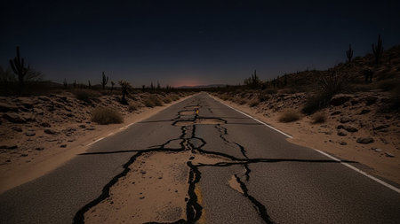 Desert showing cracked desert highway at night with saguaro cacti and distant horizon lights keywords: road, highway, cracked, desert, night, saguaro, cacti, horizon, lights, landscape,...の素材