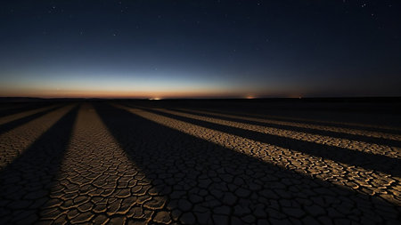 Cracked dry earth stretches to the horizon under a starry dusk sky, with long, dramatic shadows cast across the barren landscape.の素材