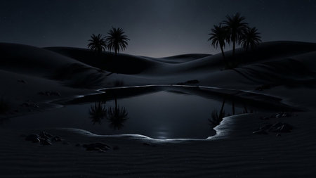 A tranquil desert oasis at night features a still pool of water reflecting silhouetted palm trees against a dark, star-speckled sky.の素材