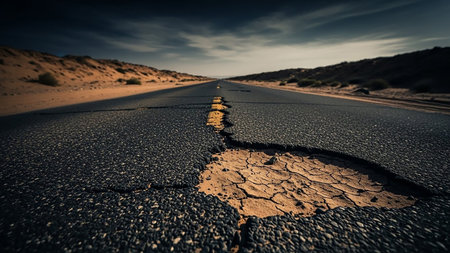A cracked asphalt road with a large pothole in the foreground, stretching through a desert landscape under a cloudy sky.の素材