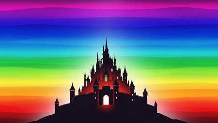 The dark silhouette of a grand castle is set against a vibrant, horizontal rainbow gradient sky with glowing windows.の素材