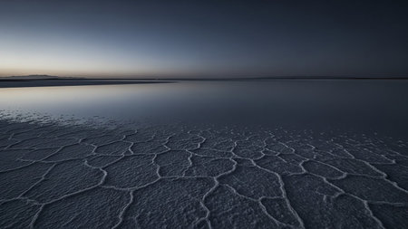 Cracked salt flats create a geometric pattern reflecting a dark sky with a subtle horizon line.の素材