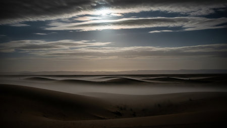 Desert sand dunes are partially obscured by a thick layer of mist under a bright full moon and a cloudy night sky.の素材
