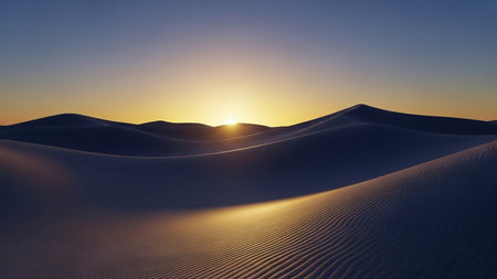 A tranquil desert landscape at sunset features undulating sand dunes with visible ripples, set against a soft gradient of sky colors.の素材