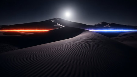 Dark desert sand dunes are illuminated by a bright moon and streaks of glowing orange and blue light under a starry night sky.の素材