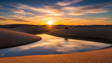 A serene desert landscape at sunset featuring a small body of water reflecting the dramatic sky and sun rays illuminating the sand dunes.の素材