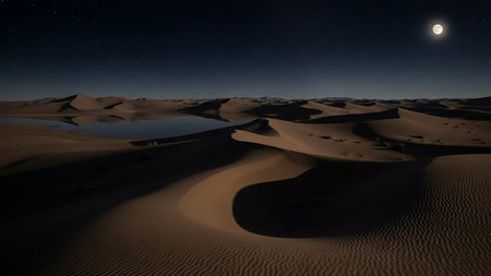 Rolling sand dunes are illuminated by a full moon in a starry night sky, with a small pool of water reflecting the scene.の素材