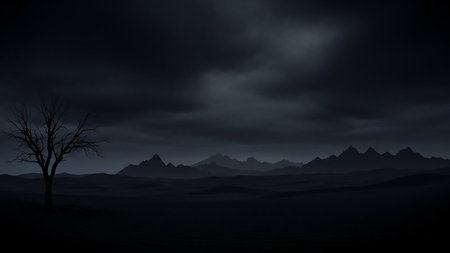 A desolate landscape under a dark, stormy sky features a silhouetted barren tree and distant mountain range.の素材