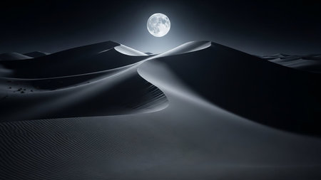 Under showing desert sand dunes under a full moon at night with dramatic shadows. High resolution image suitable for commercial use.の素材