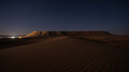 Serene showing desert landscape at night with sand dunes, distant lights, and a flat- topped mesa under a starry sky keywords: desert, landscape, night, sand dunes, mesa, flat-topped,...の素材