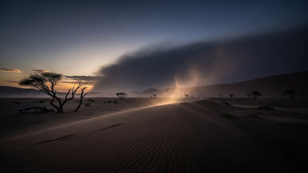 A desolate desert landscape at dawn with silhouetted trees and rippled sand dunes under a dusty, hazy sky.の素材