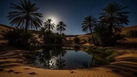 A serene desert oasis at night, featuring lush palm trees surrounding a calm pool of water reflecting the bright full moon and starry sky.の素材