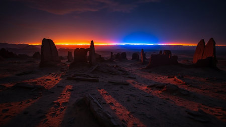 A dramatic desert landscape at sunset features ancient rock formations casting long shadows against a vibrant orange and blue sky.の素材