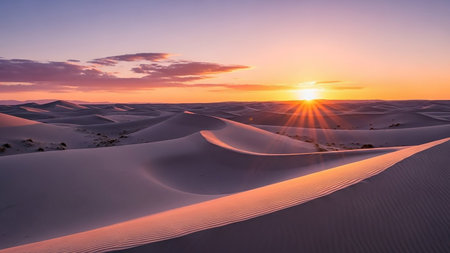 A vast desert landscape with rolling sand dunes bathed in the warm glow of a vibrant sunset, casting long shadows and sun rays across the textured sand.の素材