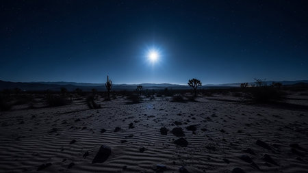 A desert landscape at night is illuminated by a bright full moon, showing sand ripples, scattered rocks, and sparse vegetation.の素材